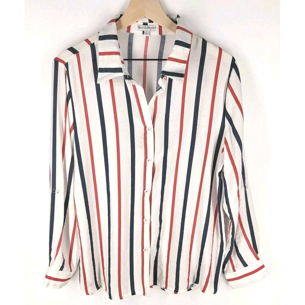 NorthStyle Striped Button-Up Blouse Womens L White Navy Red Coastal Minimalist